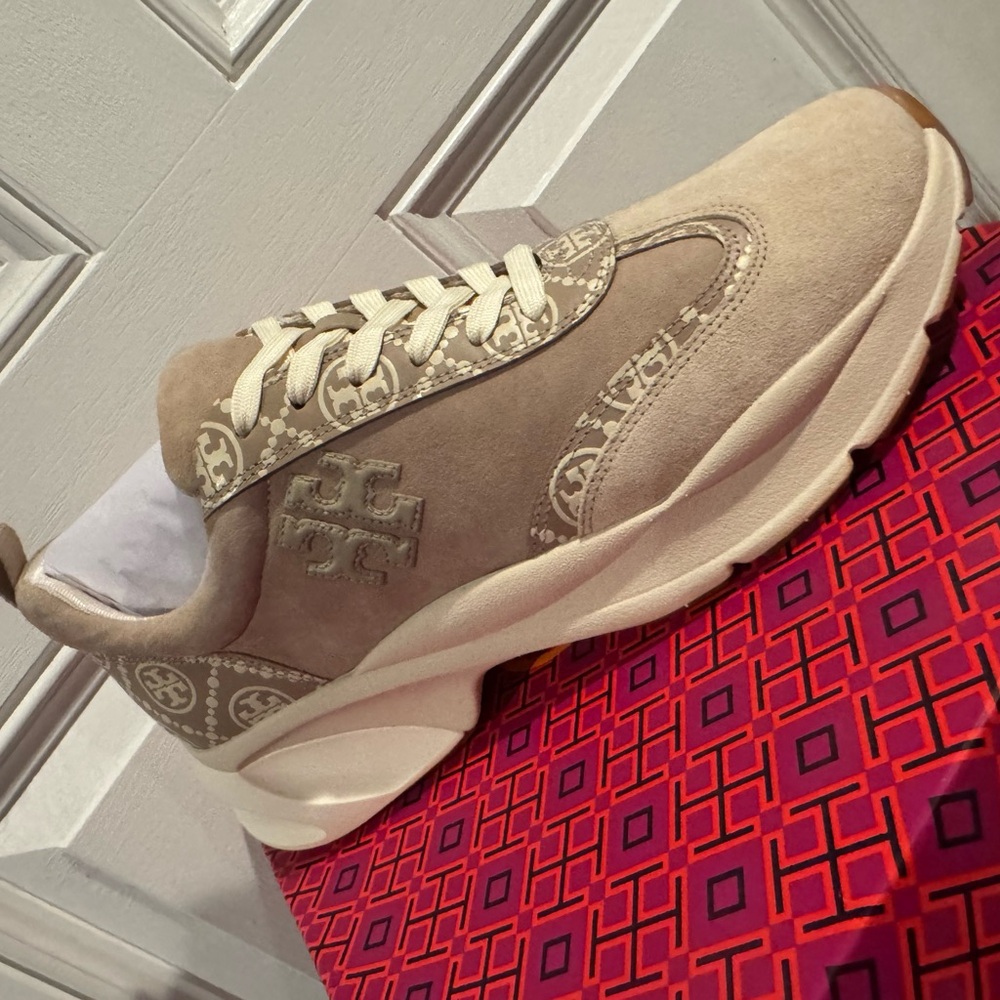 Tory Burch Beige Suede Logo Sneakers
